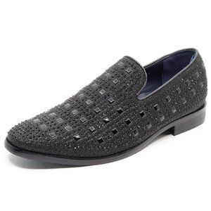 Black Men's Rhinestone Classic Smoking Dress Tuxedo Loafers Slip On Shoes
